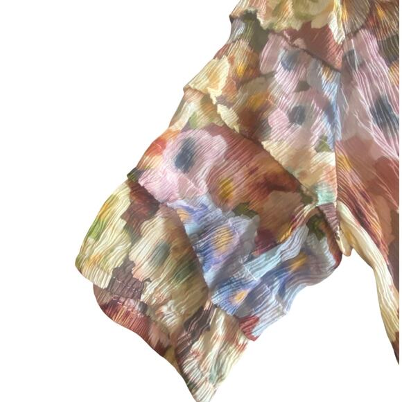 Rails Paris Floral Split Neck Top Small Multicolor Ruffle Sleeve Crinkle Blouse - Picture 7 of 11